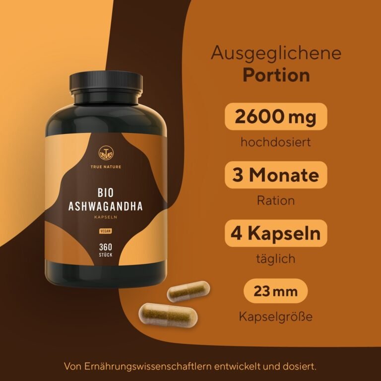 Bio Ashwagandha - 360 Kapseln (BIG PACK) - Hochdosiert 2600mg/Tag - TRUE NATURE®