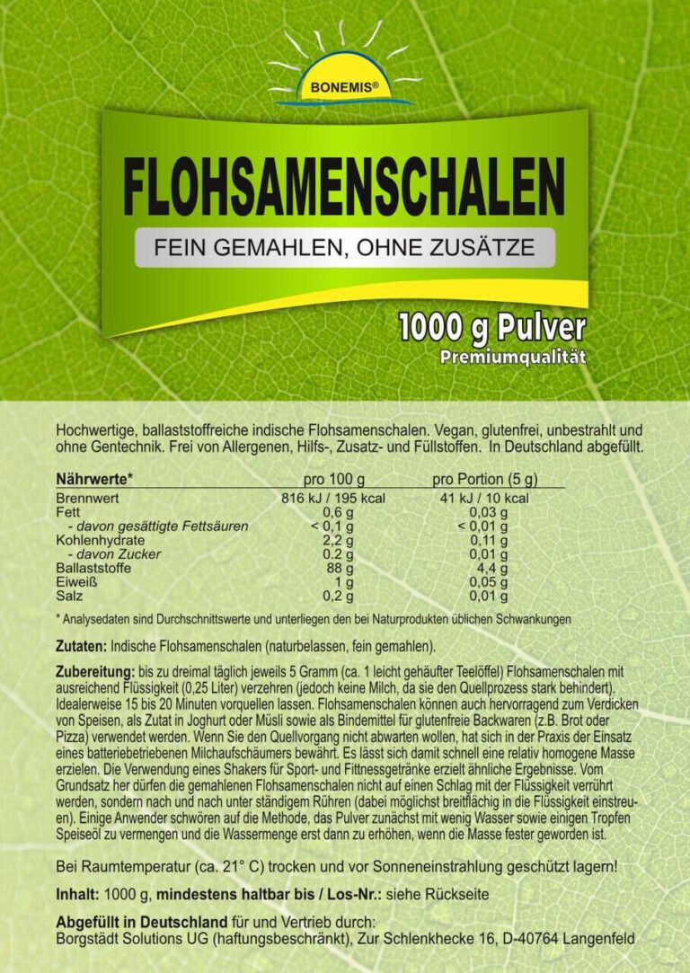 Flohsamenschalen, Premiumqualität, fein gemahlen, naturrein, ohne Zusätze, 1 kg