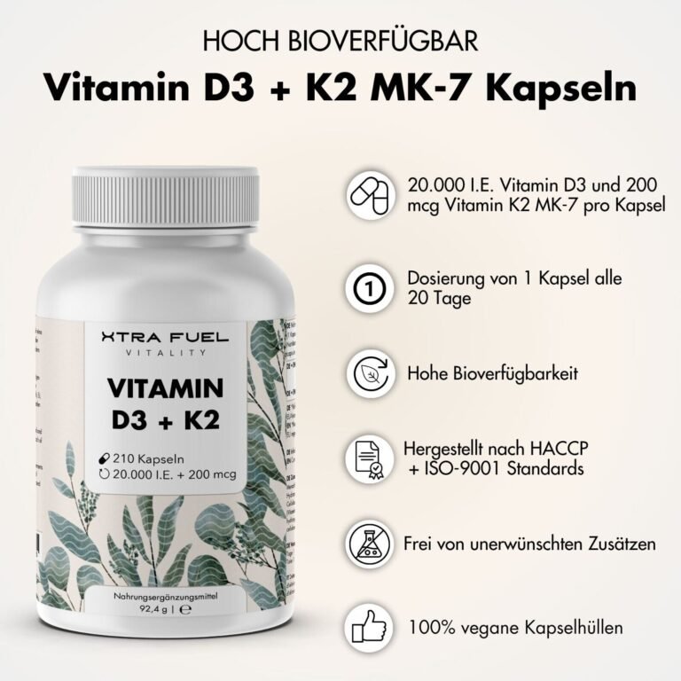 Vitamin D3 K2 20000 IE + 200mcg - 210 Kapseln - 100% rein, geprüft, zertifiziert